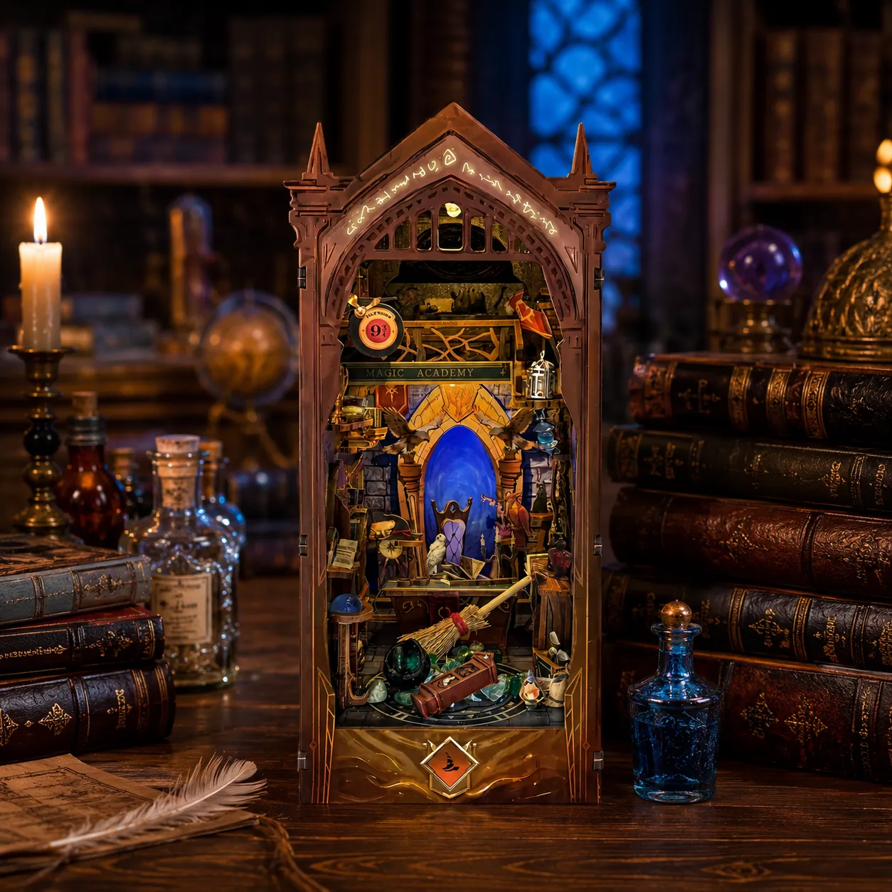 A glowing Fantasy & Magic Series DIY book nook kit showing a miniature spellbound library tucked between books.