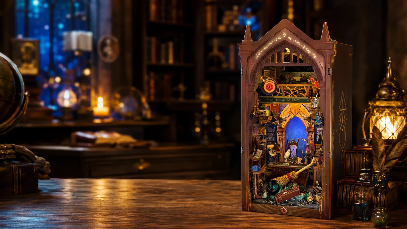 A bookshelf displaying the Fantasy & Magic Series Book Nooks, featuring illuminated miniature castles, wizard towers, and fantasy villages