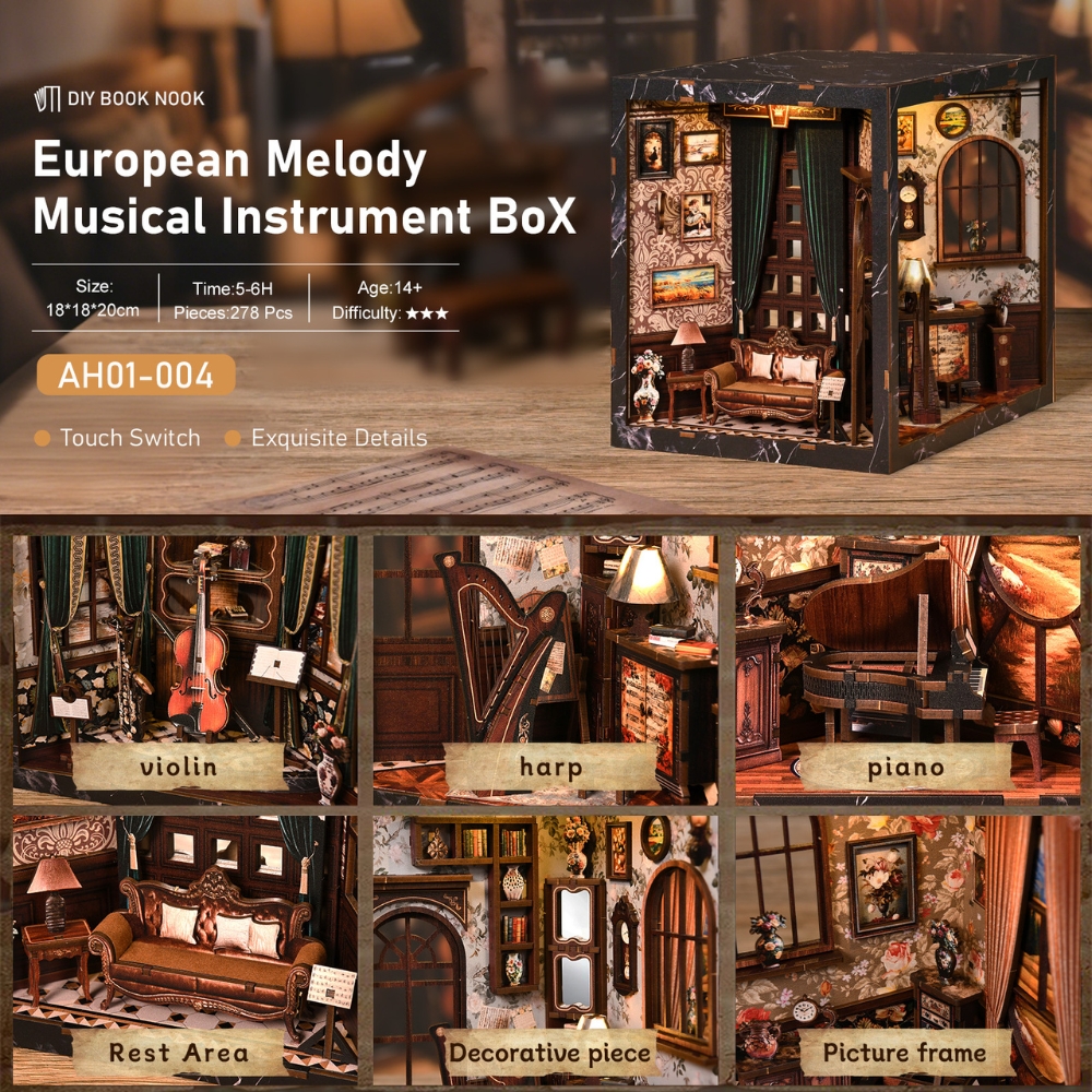 This photo shows a DIY book nook kit called “European Melody Musical Instrument Box.” It features a miniature European-style music room with instruments like a violin, harp, and piano, plus cozy details such as a sofa, picture frames, and décor pieces. The kit includes 278 pieces, has a touch light switch, and takes about 5–6 hours to assemble.