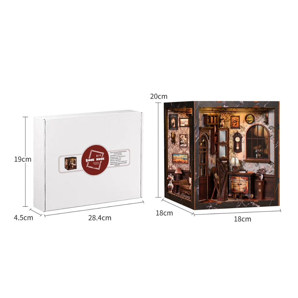 The image shows a DIY book nook kit with its packaging and assembled model. The box measures 28.4 cm × 19 cm × 4.5 cm, and the finished book nook is 20 cm tall and 18 cm wide and deep, featuring a cozy, vintage-style interior.