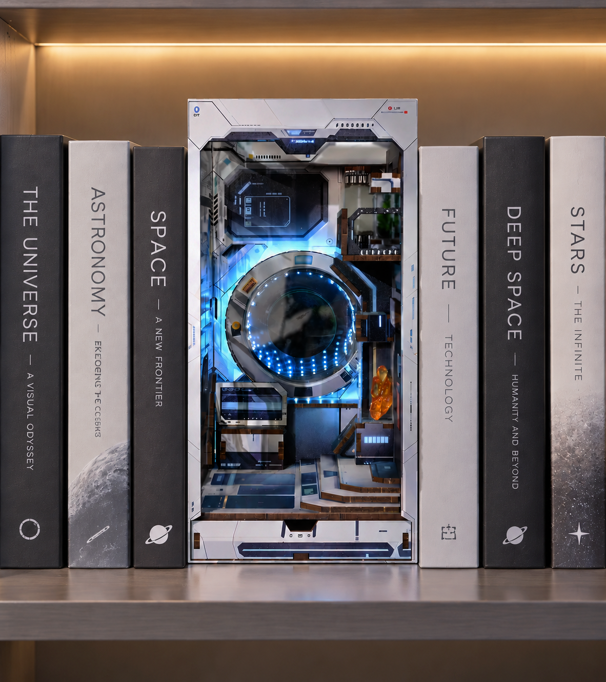 Bouwdetail van Sci-Fi Alien Hub DIY houten boekenhoekje bouwpakket