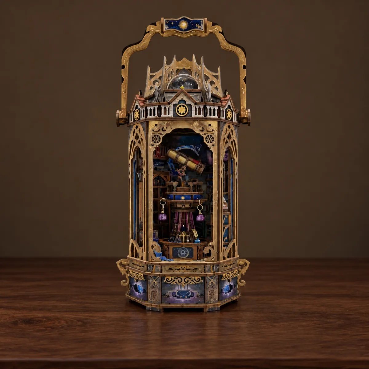 The Lantern of Galaxy DIY Book Nook Kit with lights off