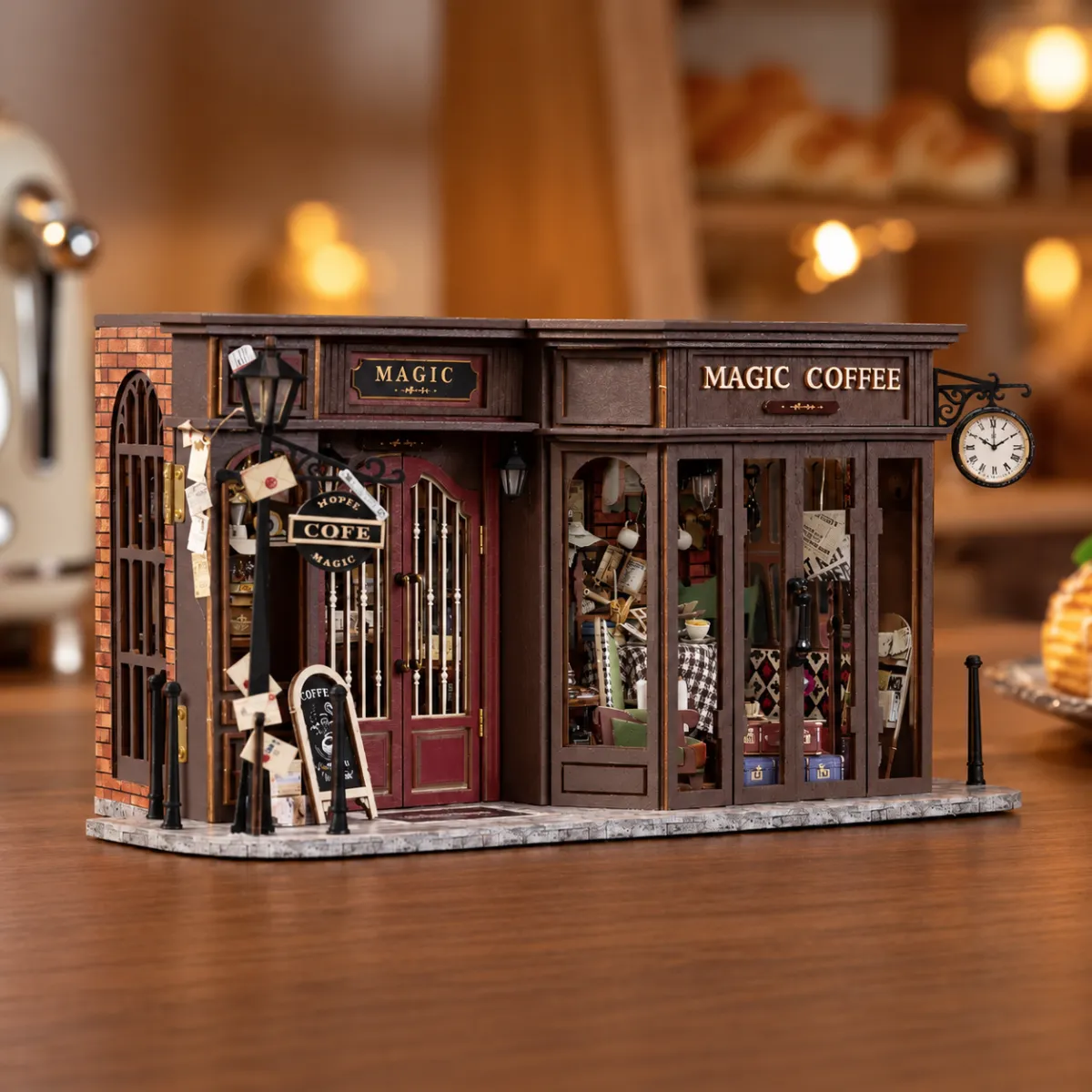 Vintage Coffee Shop DIY Miniature Kit with lights off