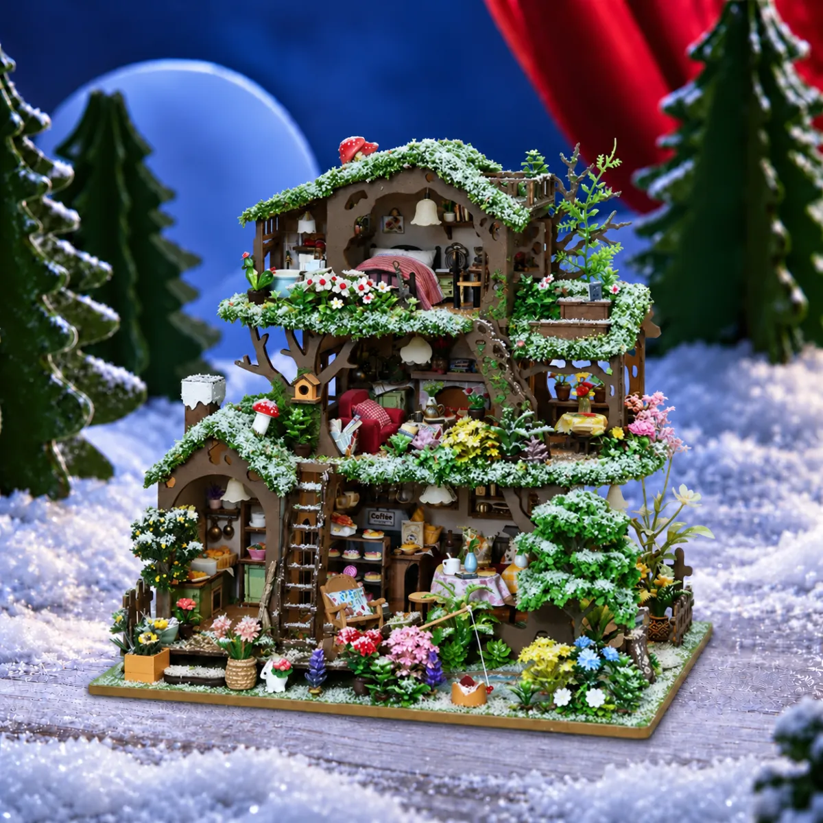 Time Treehouse DIY Mini House Kit l DIY Miniature Kit (Snowy Scene Edition) with lights off