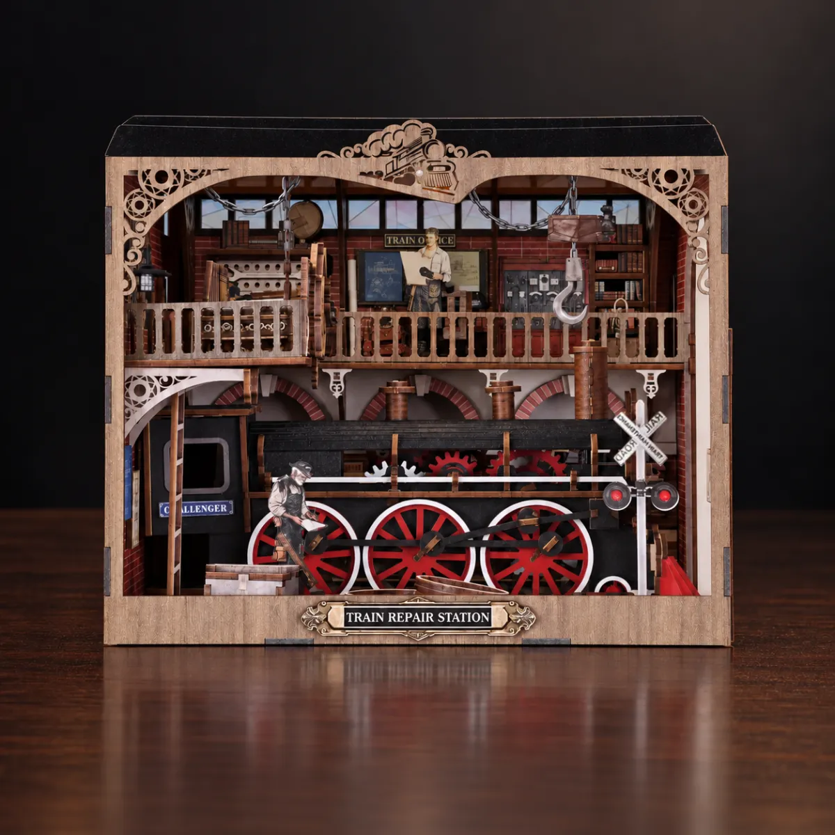 Train Repair Station DIY Book Nook Kit with lights off