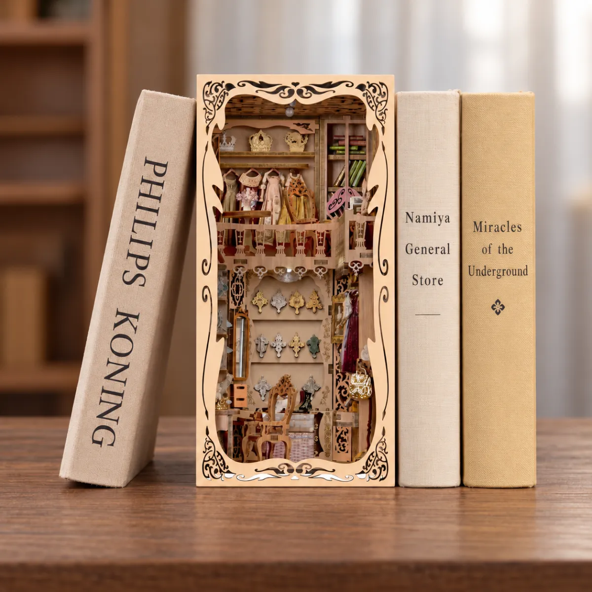 Wardrobe of Duchess DIY Book Nook Kit  with lights off