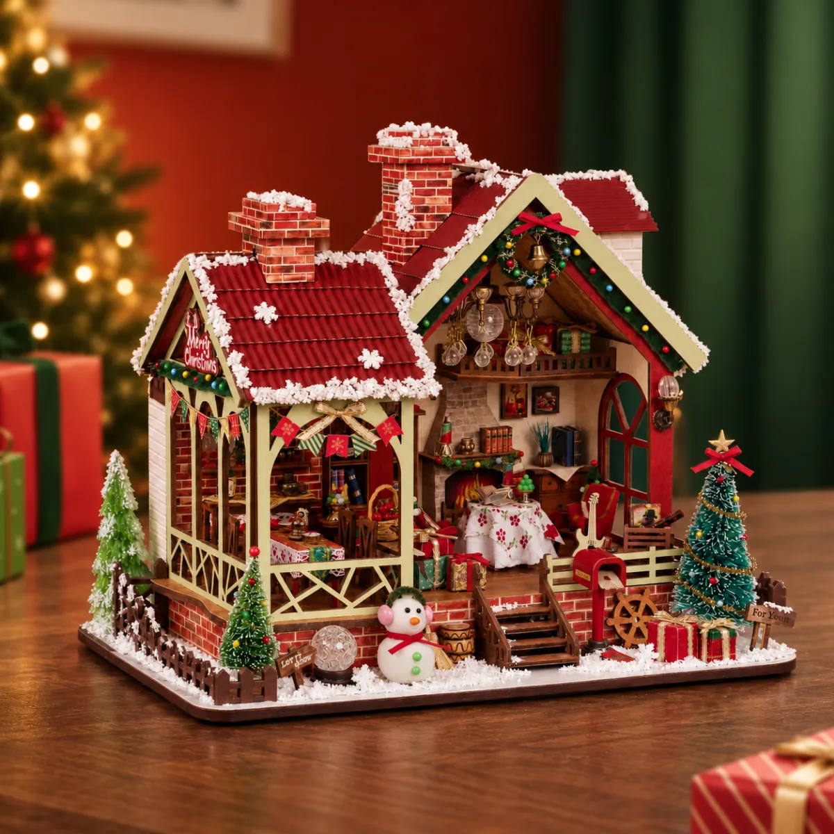 Warm Christmas Lodge Mini House Kit l DIY Miniature Kit with lights off