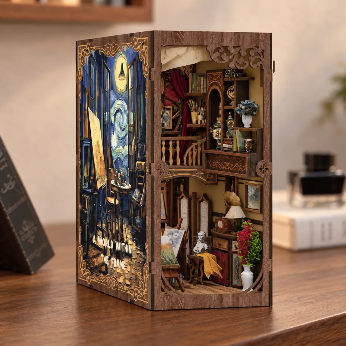 Whispers of Starlit Frames DIY Book Nook Kit with lights off