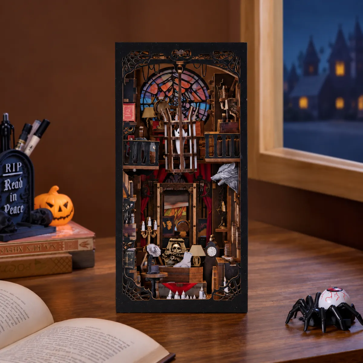 The Dark Family DIY Book Nook Kit with lights off