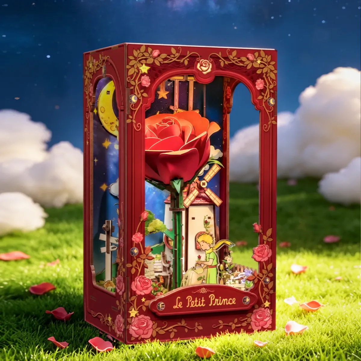 My One and Only Rose DIY Book Nook Kit with lights on