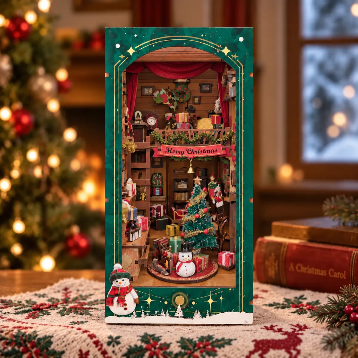 Jingle Cabin DIY Book Nook Kit with lights off