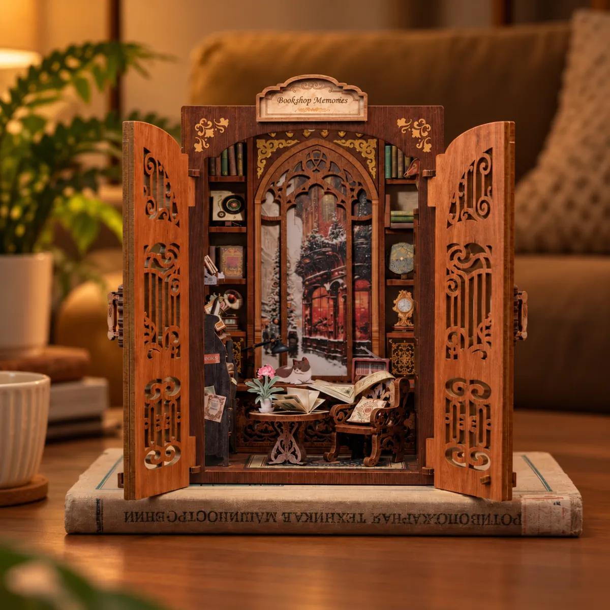 Bookshop Memories DIY Book Nook Kit with lights off
