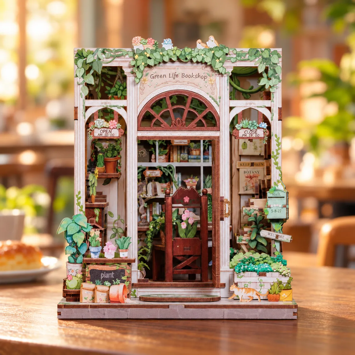 Green Life Bookshop DIY Book Nook Kit with lights off