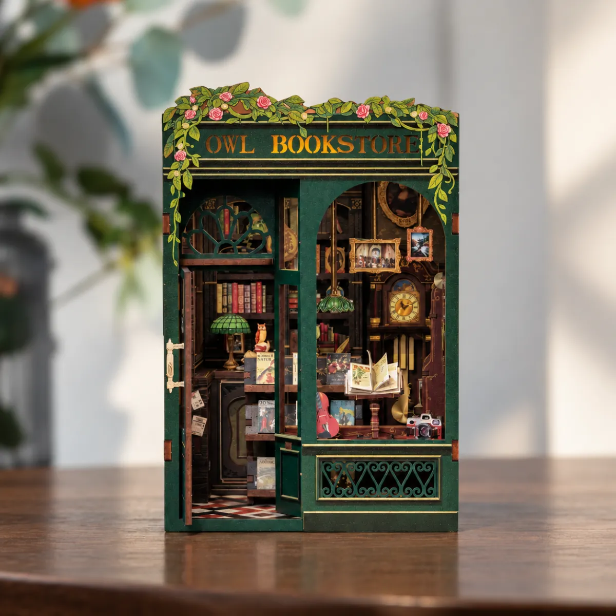 Owl Bookstore DIY Book Nook Kit with lights off