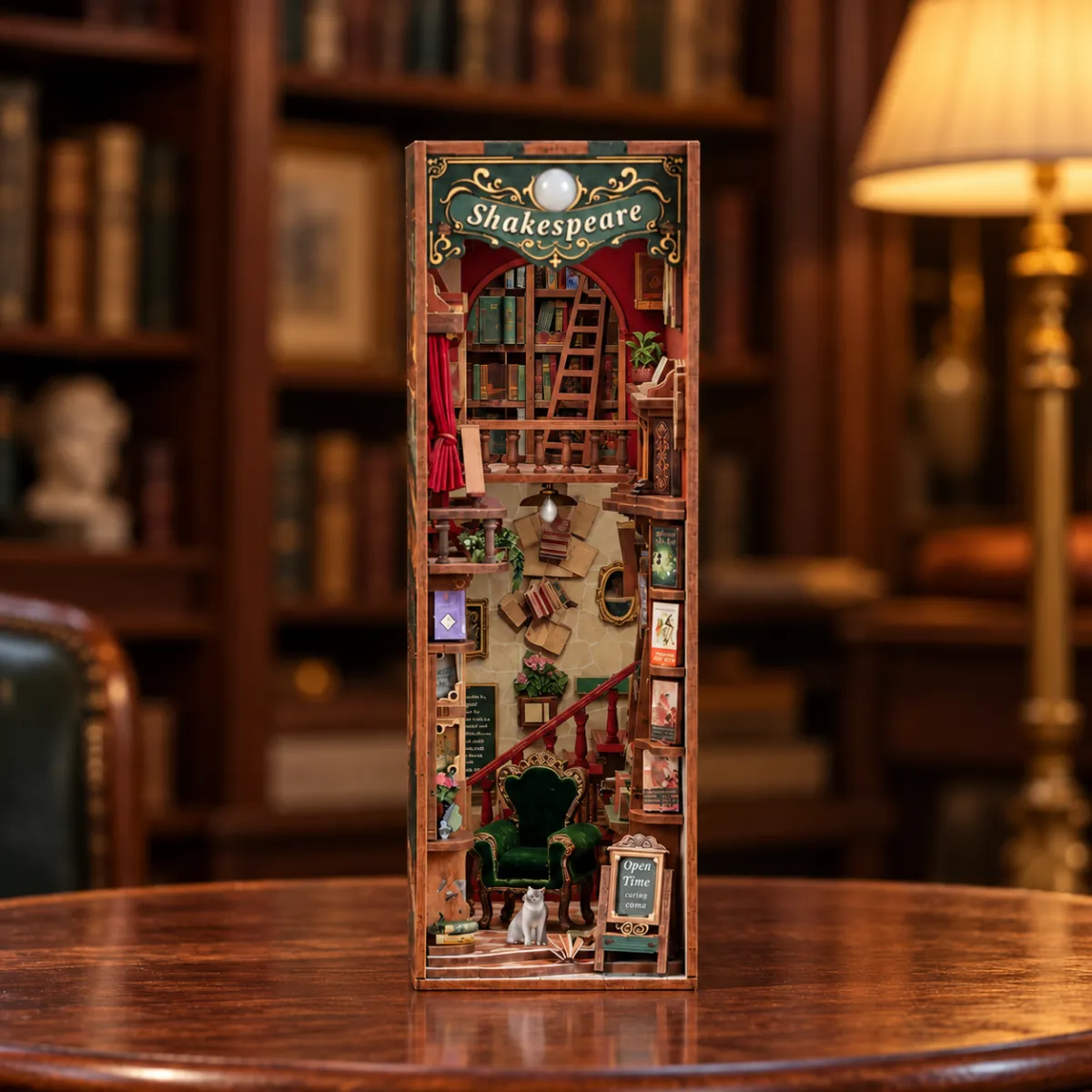 Left Bank Bookstore DIY Book Nook Kit with lights off