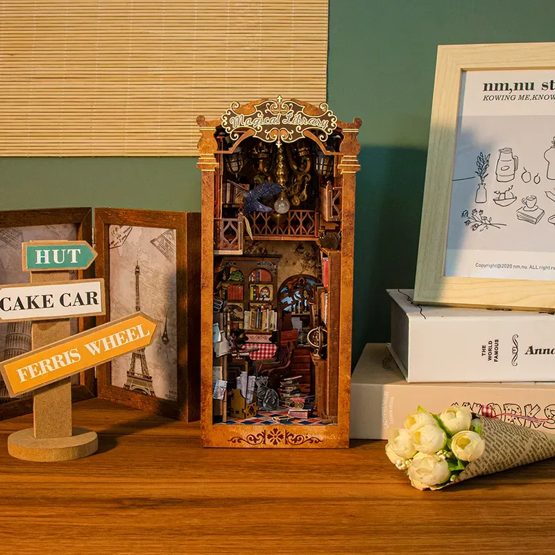 The Grimoire Grove DIY Book Nook Kit with lights off