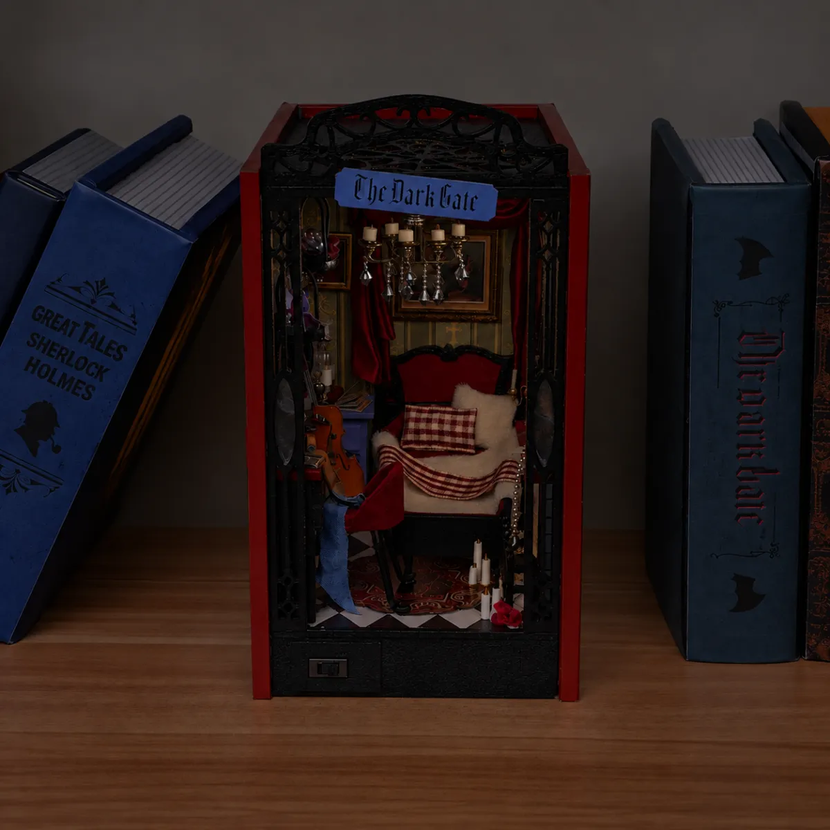 The Dark Gate DIY Book Nook Kit with lights off