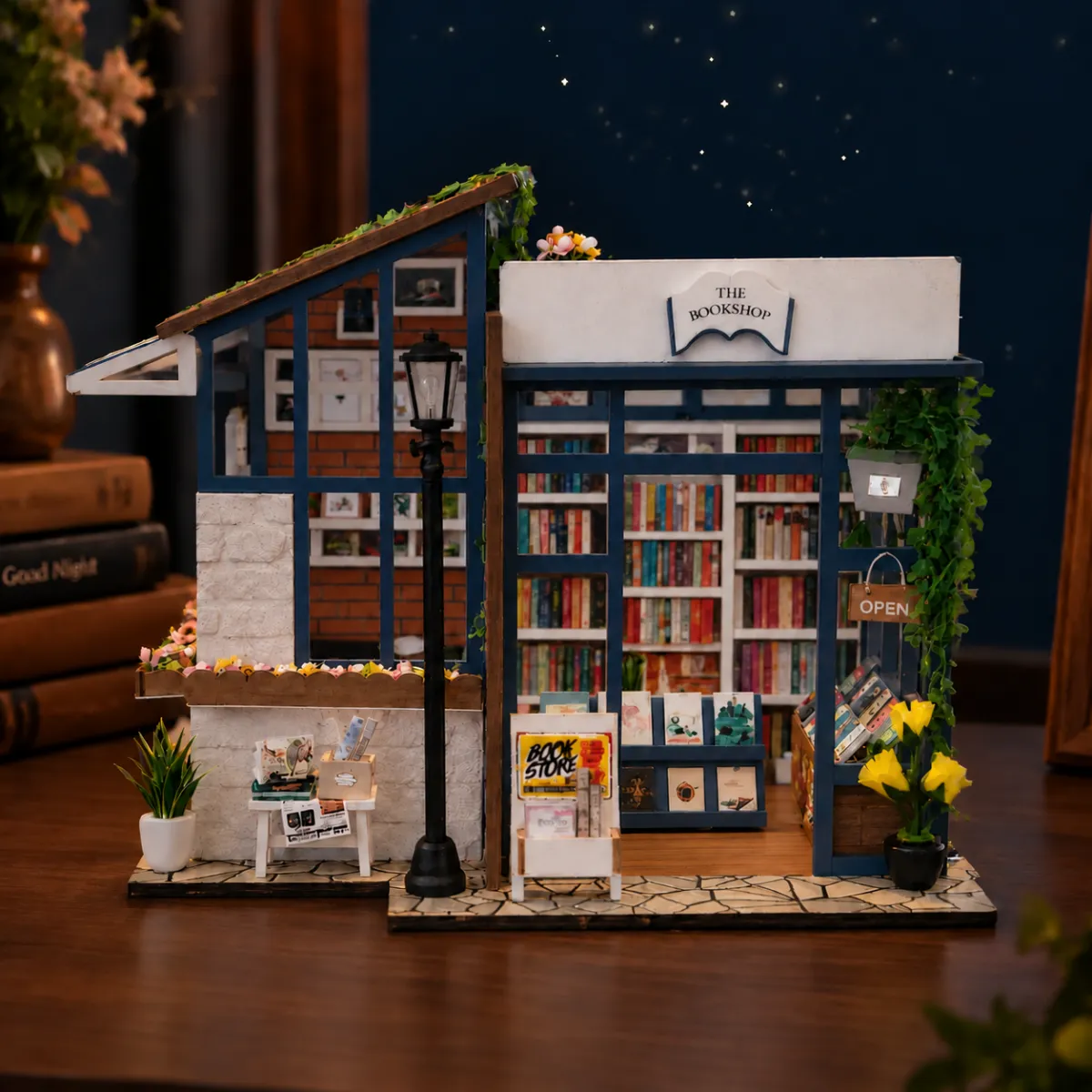 Kit in miniatura fai-da-te per la libreria con le luci spente
