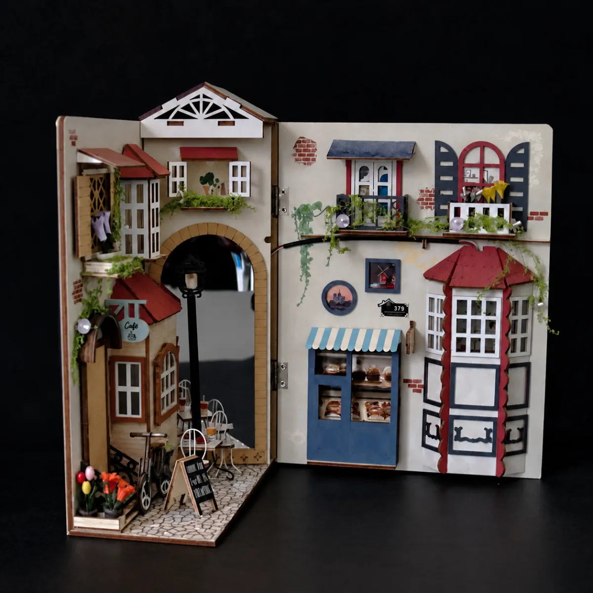 Parisian Alley DIY Book Nook Kit with lights off