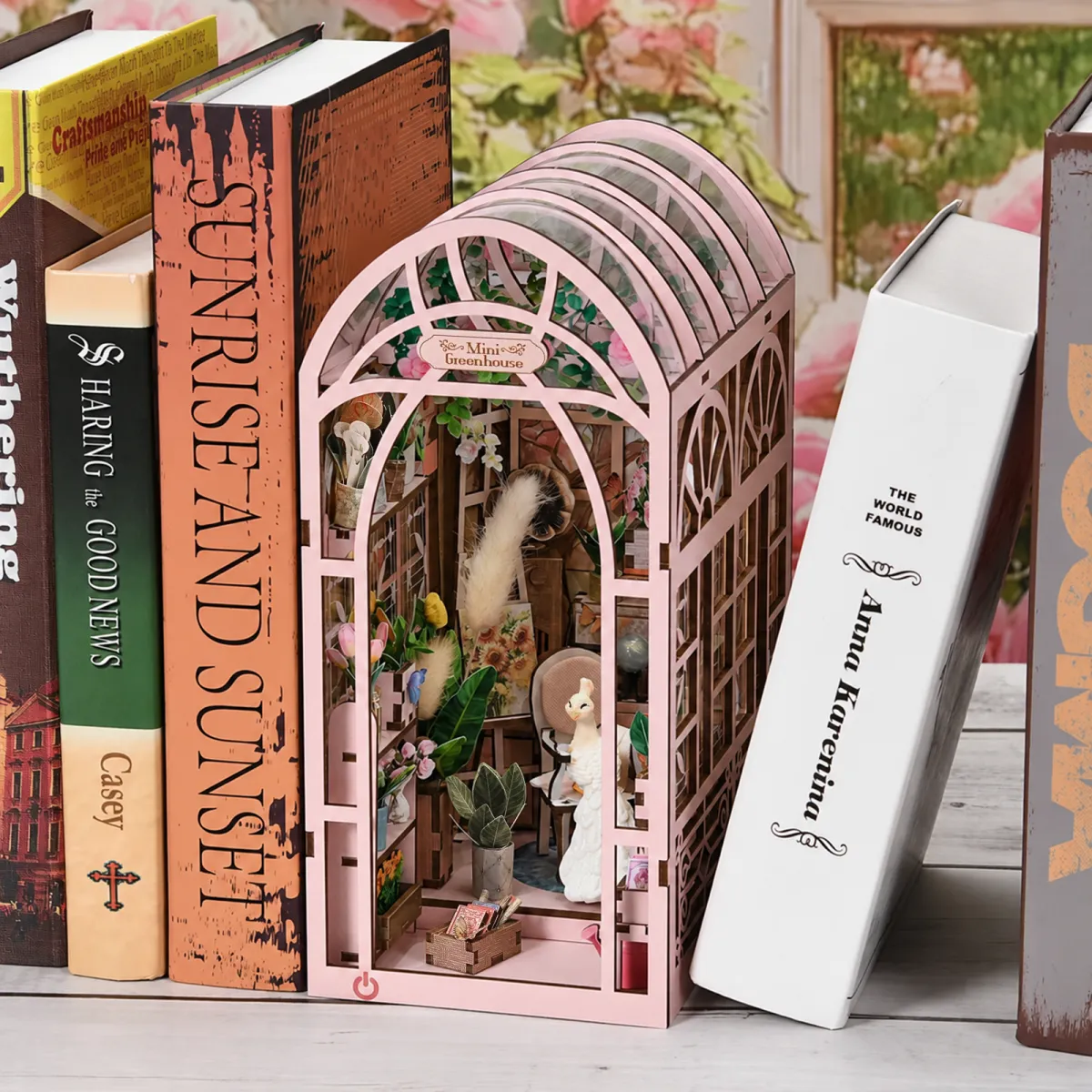 Mini Greenhouse DIY Book Nook Kit with lights off