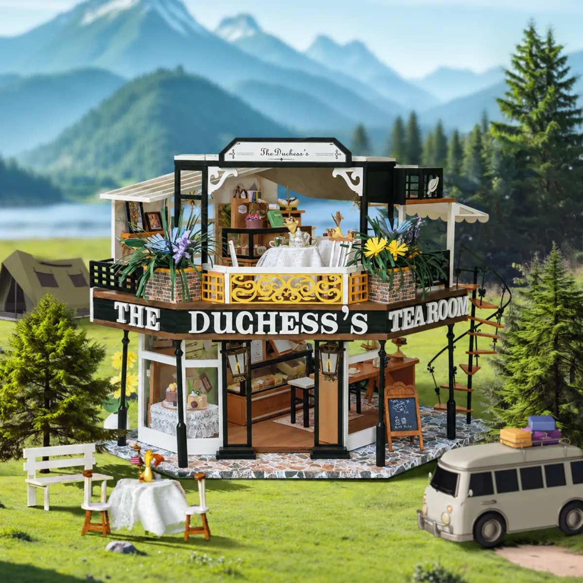 Kit de miniaturas para armar el salón de té de la duquesa con las luces apagadas