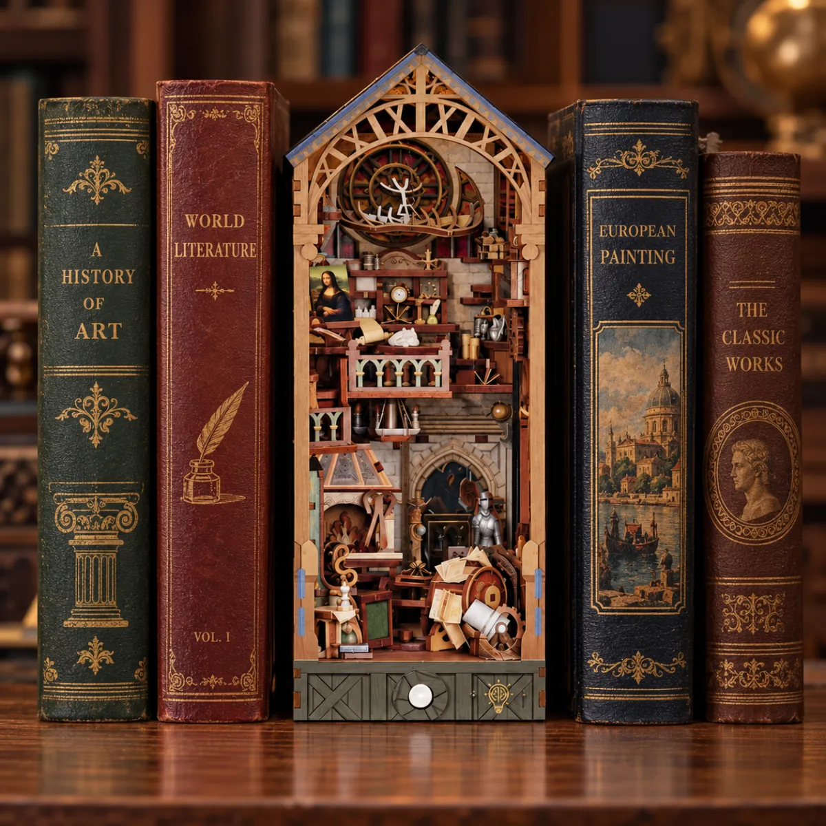 Leonardo da Vinci DIY Book Nook Kit with lights off