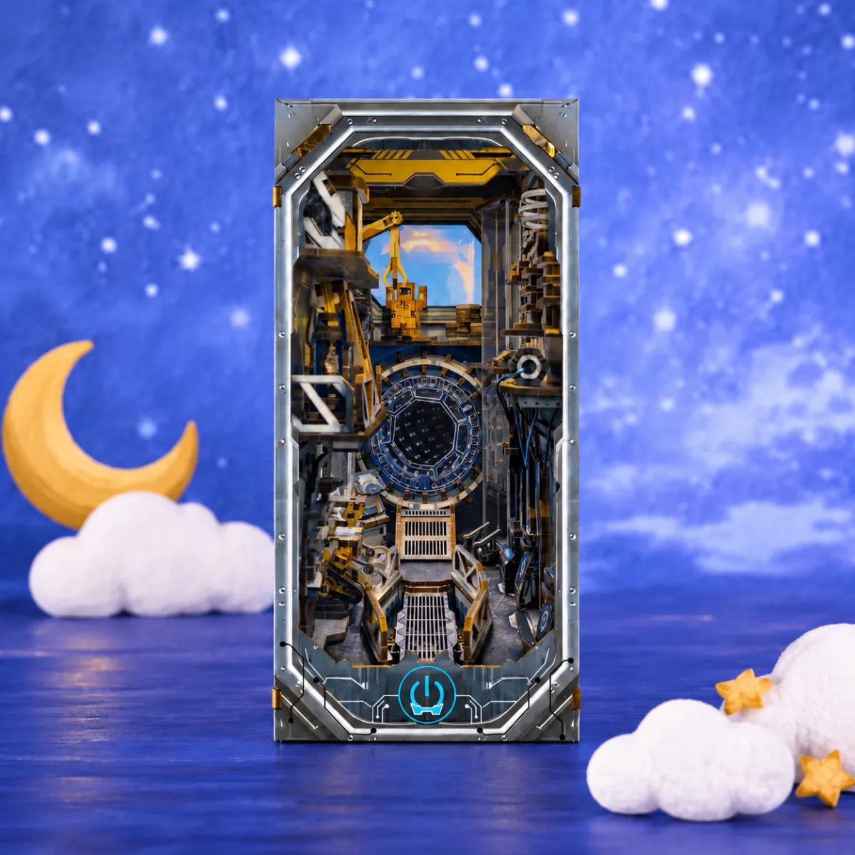 Planetary Era DIY Book Nook Kit with lights off