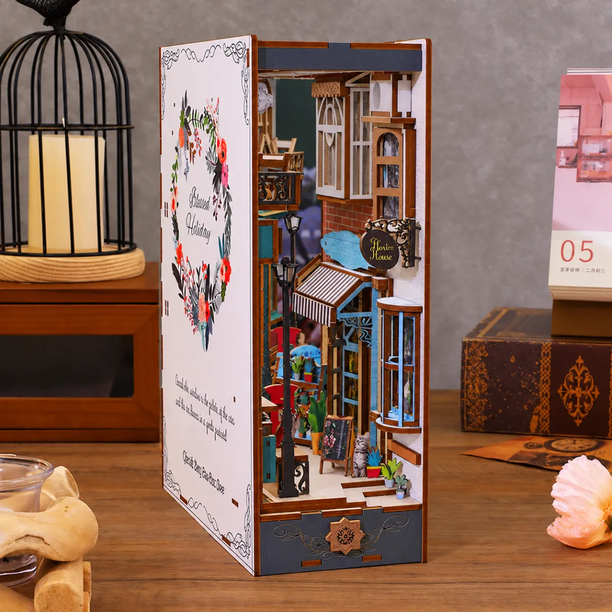 Island Holiday DIY Book Nook Kit with lights off