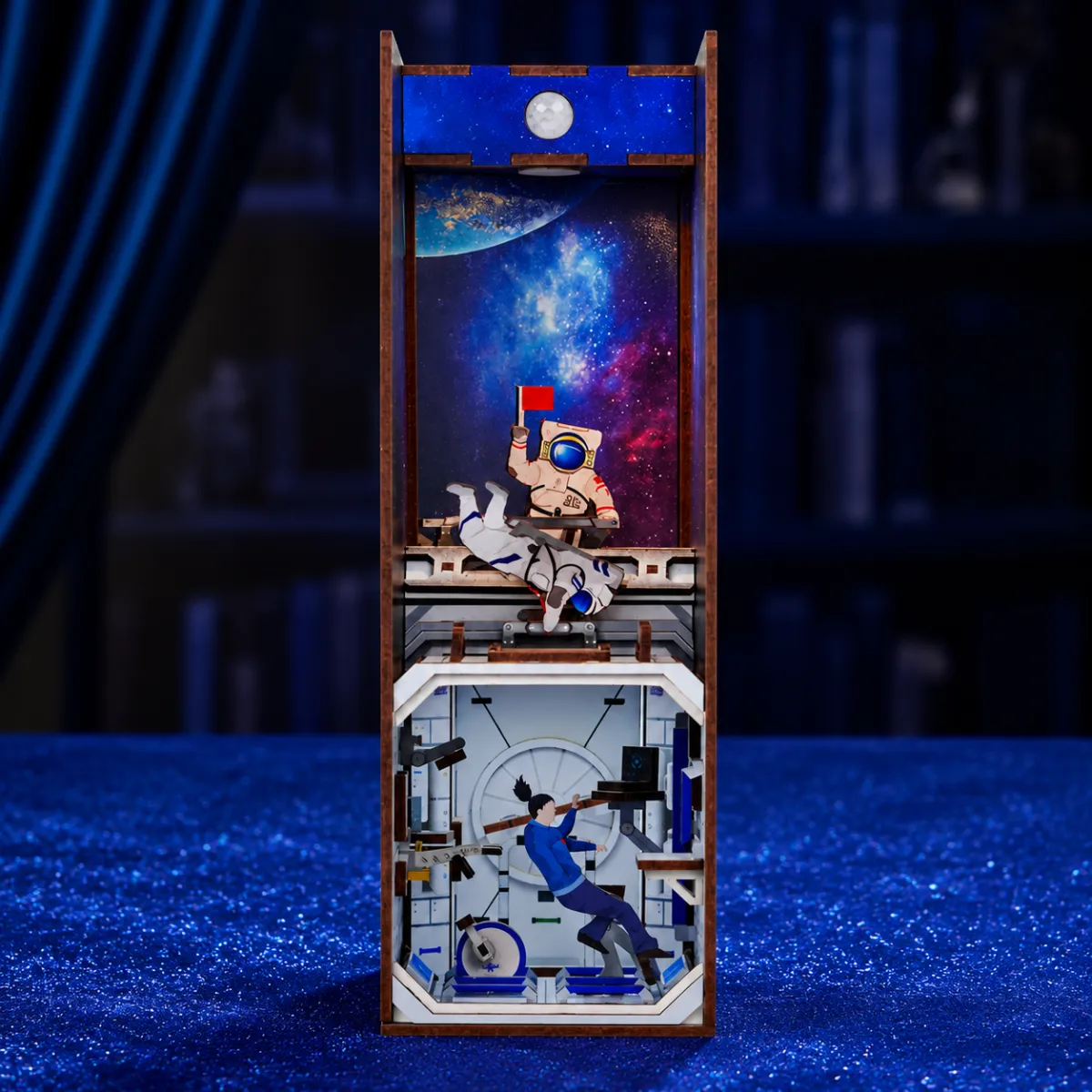 Space Station DIY Book Nook Kit with lights off