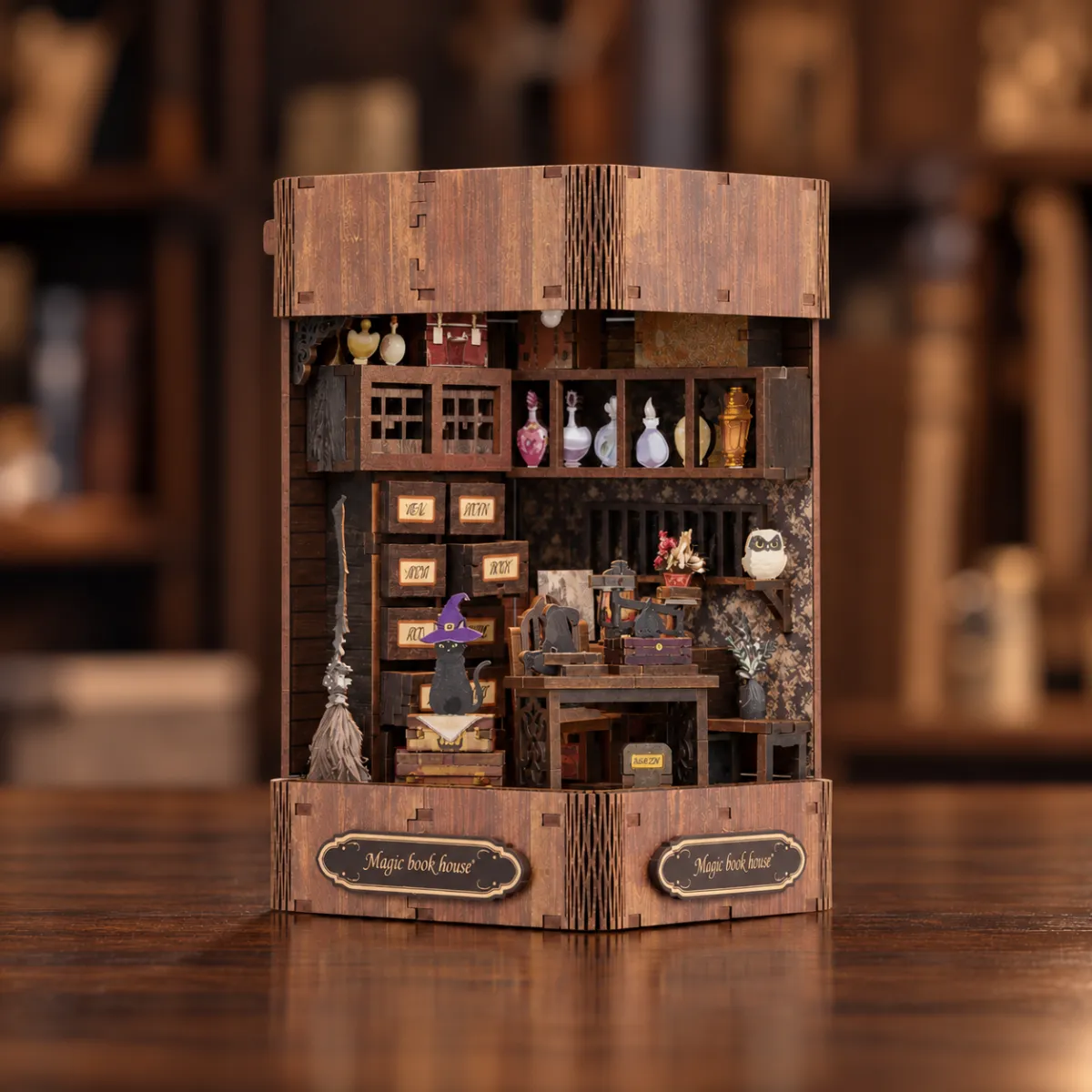 Magic Book House DIY Book Nook Kit with lights off