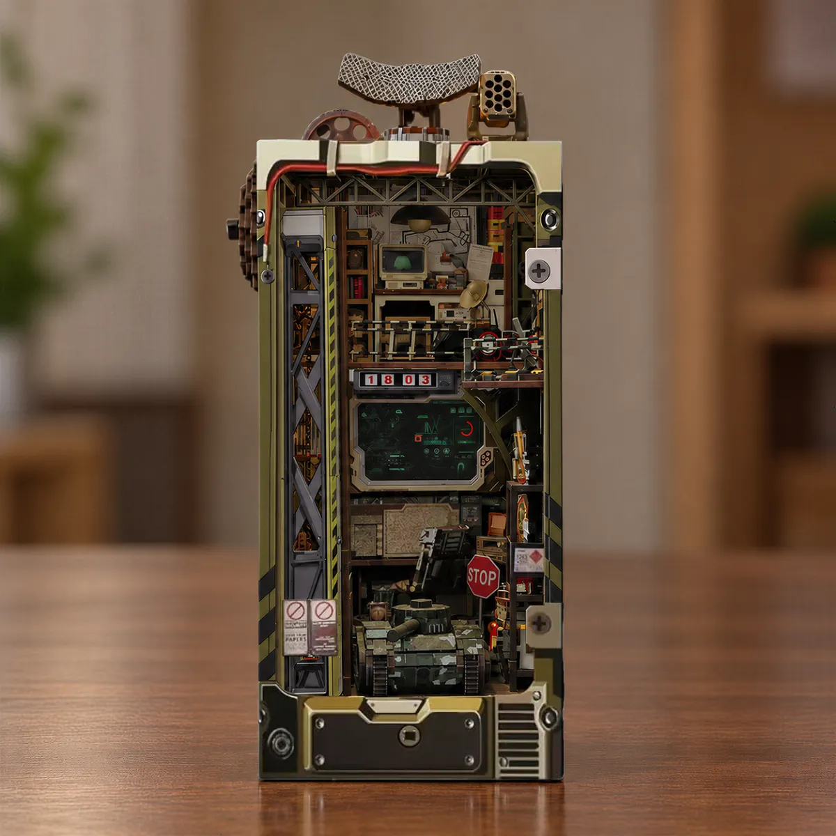 Military Base DIY Book Nook Kit with lights off