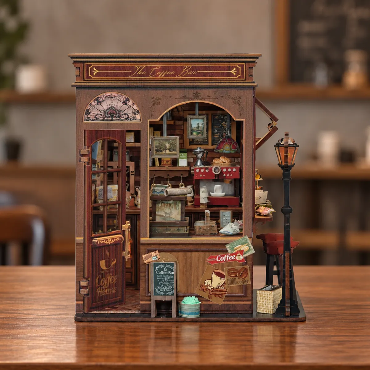 Morning Mist Café DIY Book Nook Kit with lights off