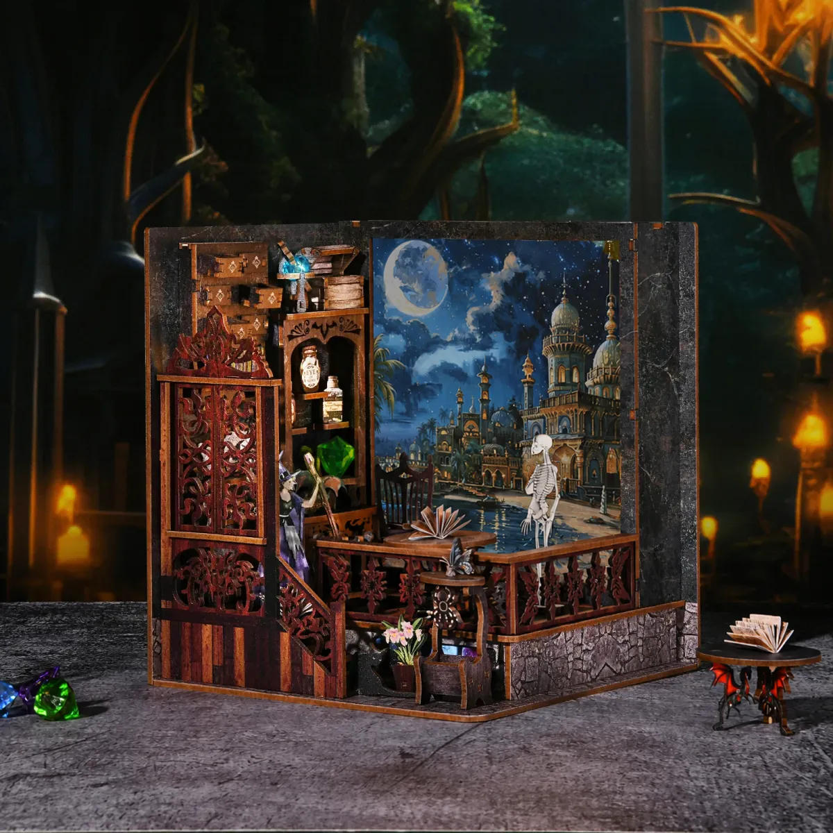 Mystic Chamber DIY Book Nook Kit with lights off