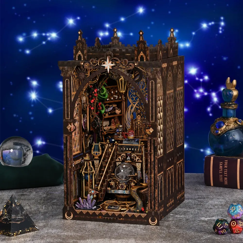 Mystic Zodiac DIY Book Nook Kit with lights off