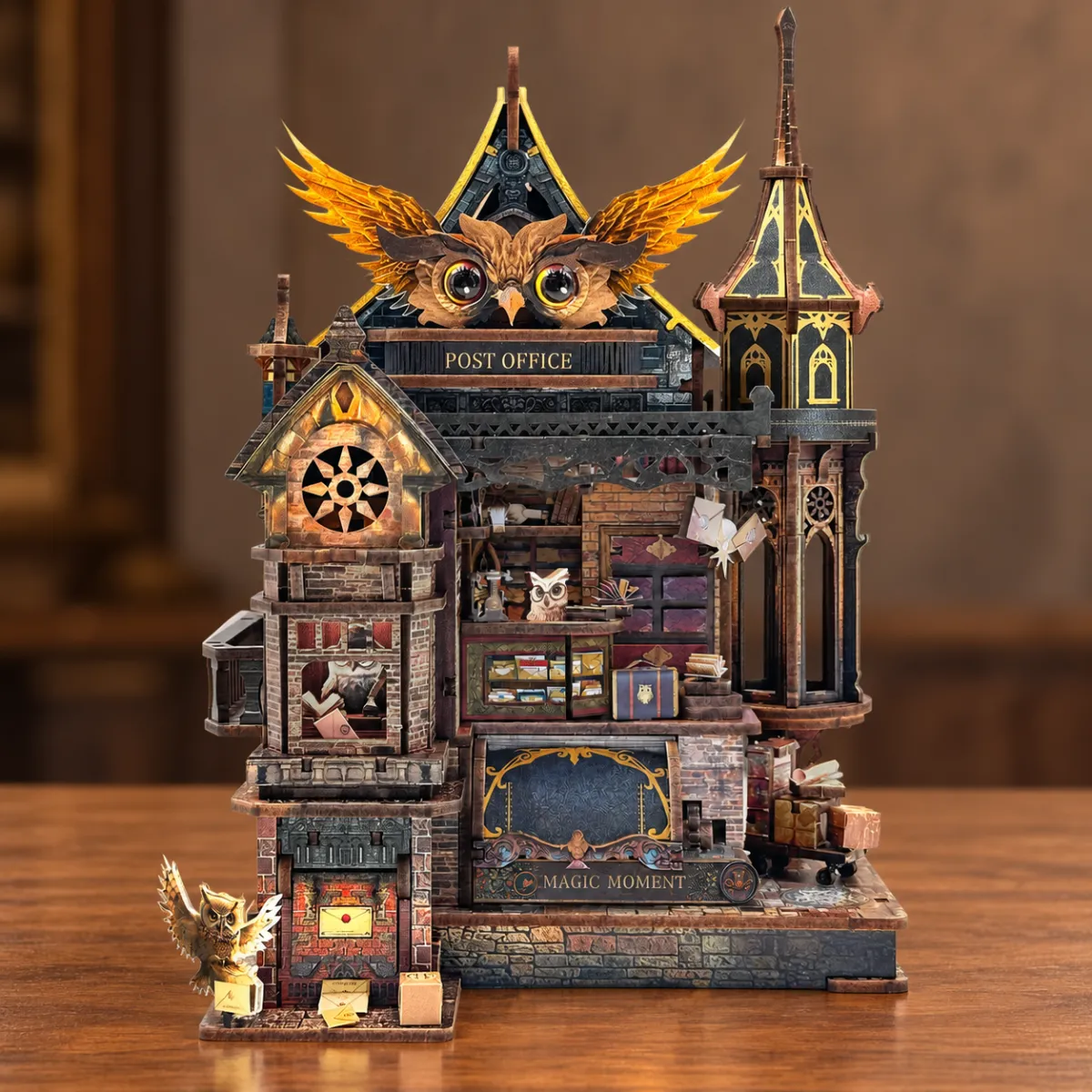 Owl Post Office DIY Miniature Kit | Light-Up Diorama with Sound & Moving Gears with lights off