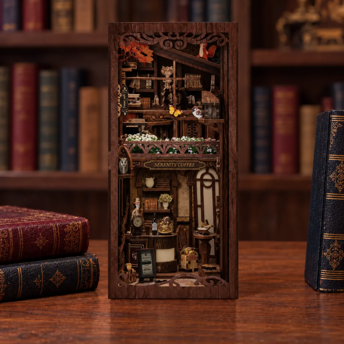 Serenity Coffee House DIY Book Nook Kit with lights off