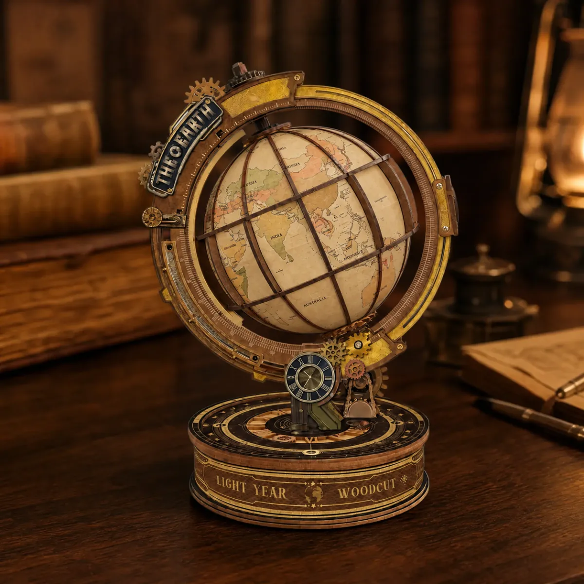 Star Trail Globe DIY 3D Wooden Model｜Mechanical 3D Wooden Puzzle Kit with lights off