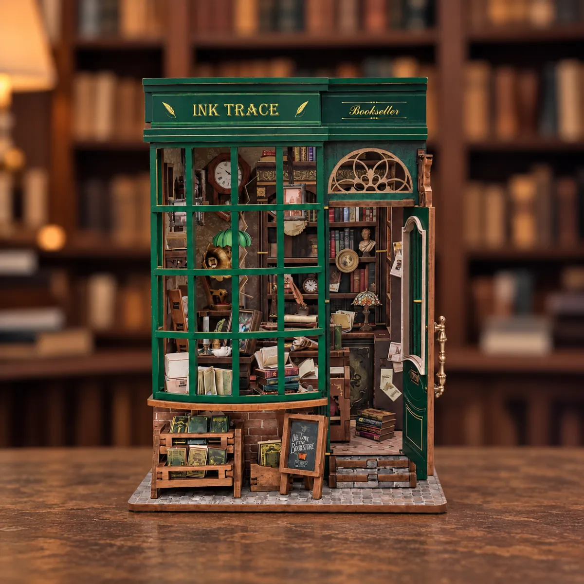 Ink Trace Bookstore DIY Book Nook Kit with lights off