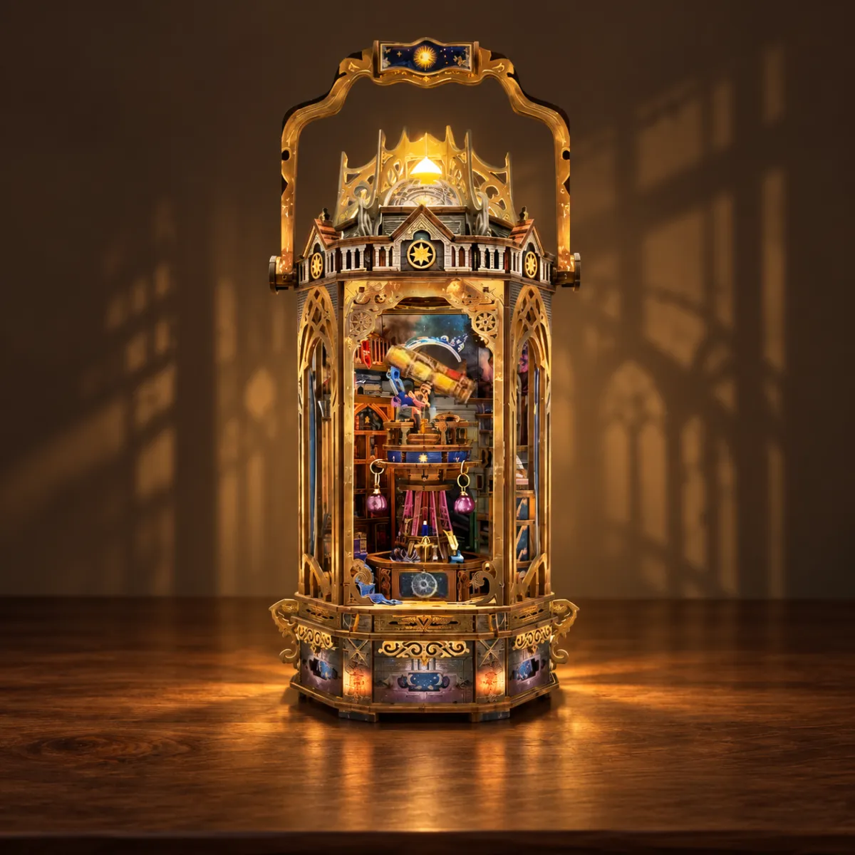 The Lantern of Galaxy DIY Book Nook Kit with lights on