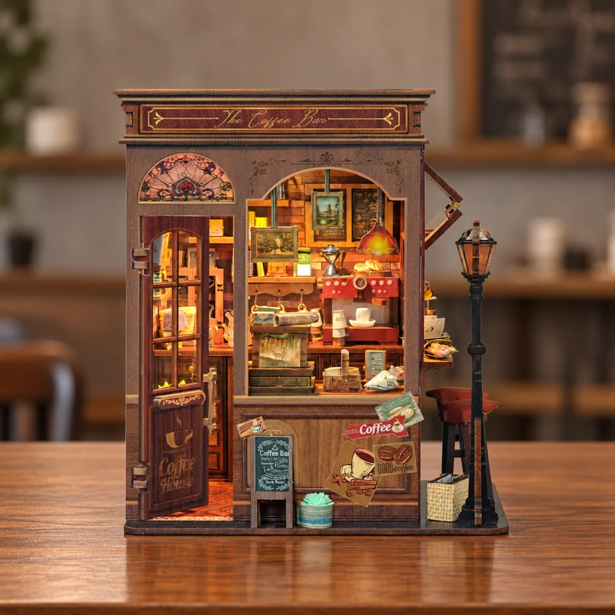 Morning Mist Café DIY Book Nook Kit with lights on