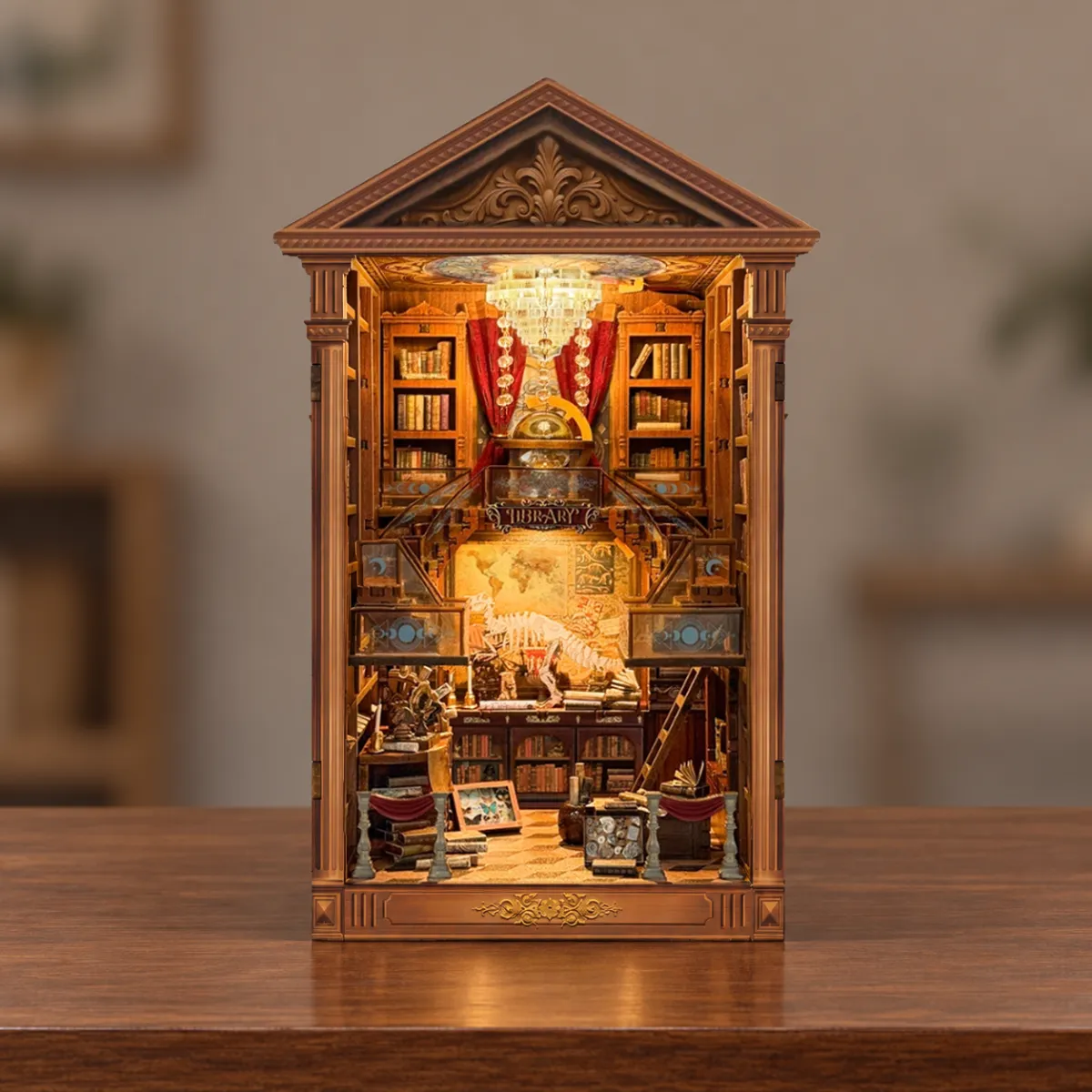 Reading Hall DIY Book Nook Kit with lights on