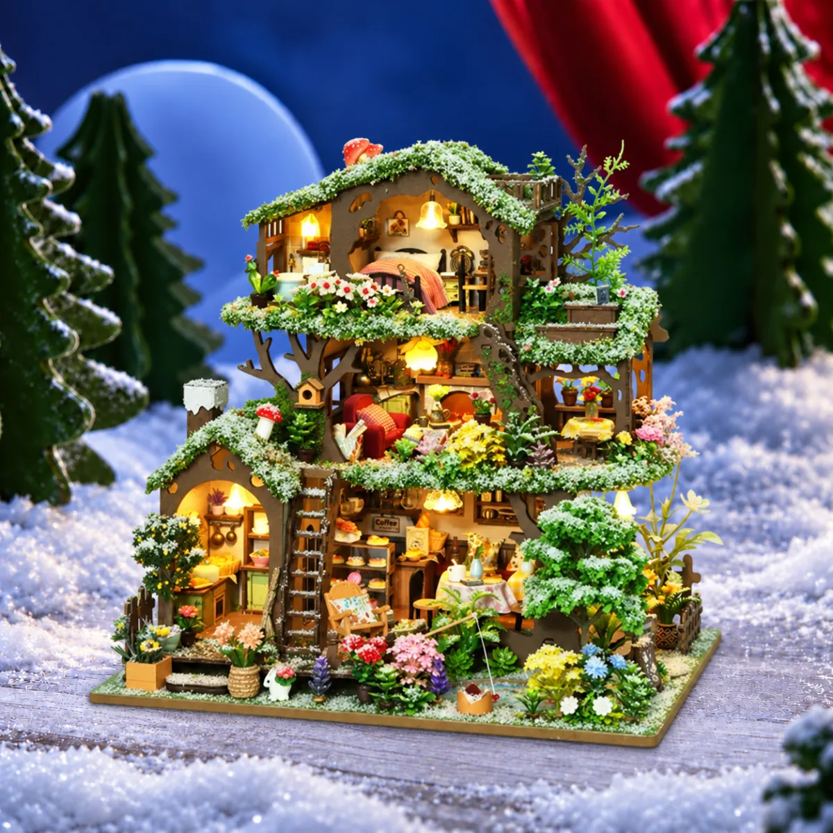 Time Treehouse DIY Mini House Kit l DIY Miniature Kit (Snowy Scene Edition) with lights on