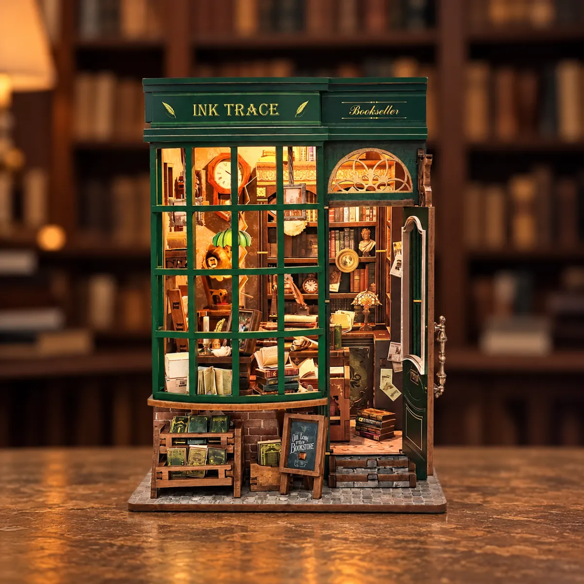 Ink Trace Bookstore DIY Book Nook Kit with lights on