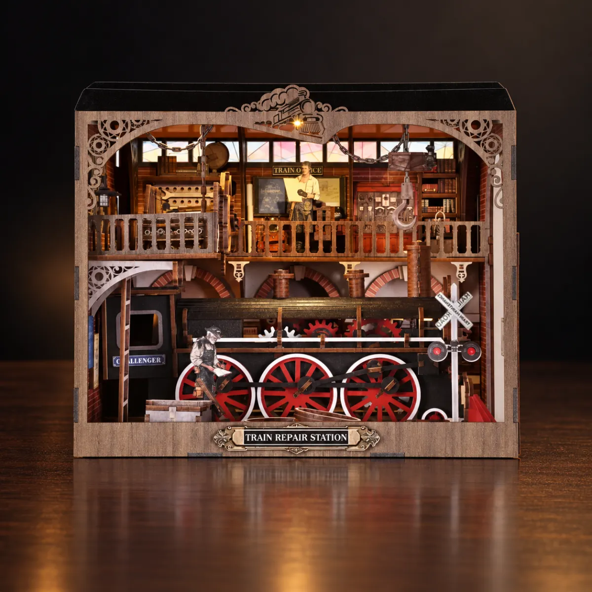 Train Repair Station DIY Book Nook Kit with lights on