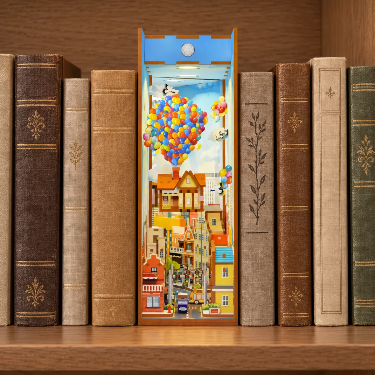 Travel With The Wind DIY Book Nook Kit with lights on