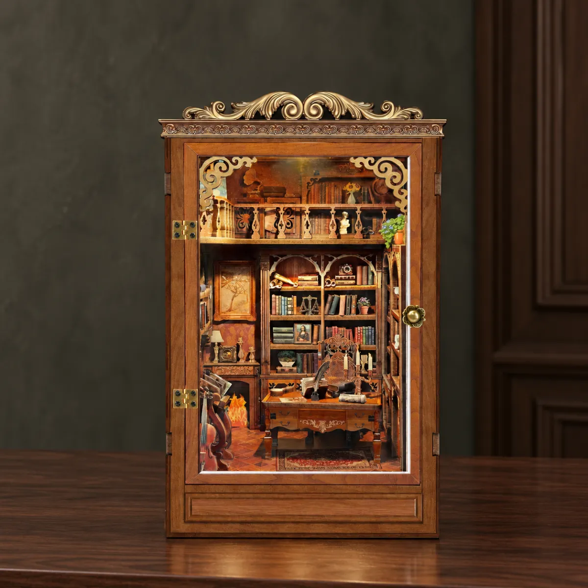 Time Book House DIY Book Nook Kit with lights on