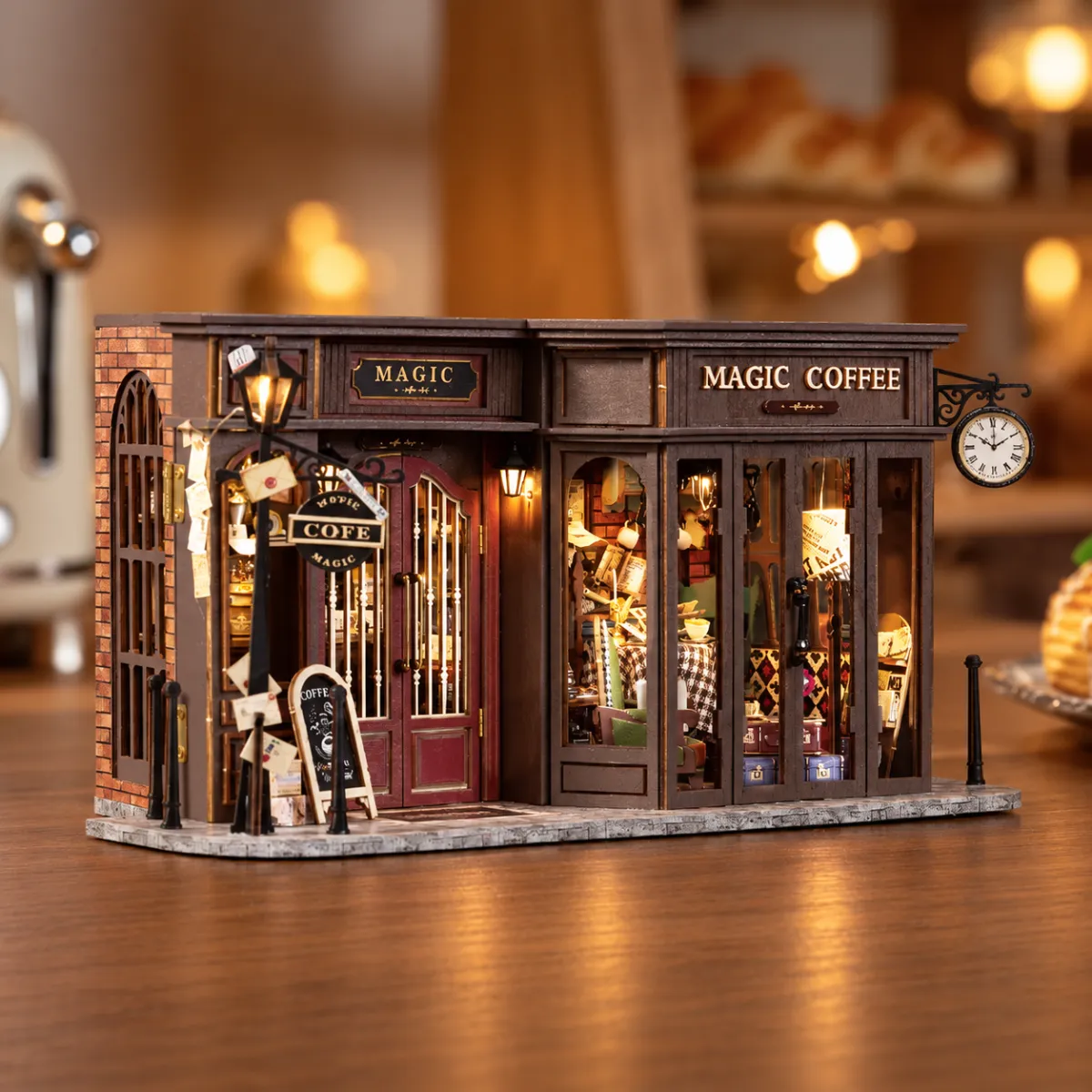 Vintage Coffee Shop DIY Miniature Kit with lights on
