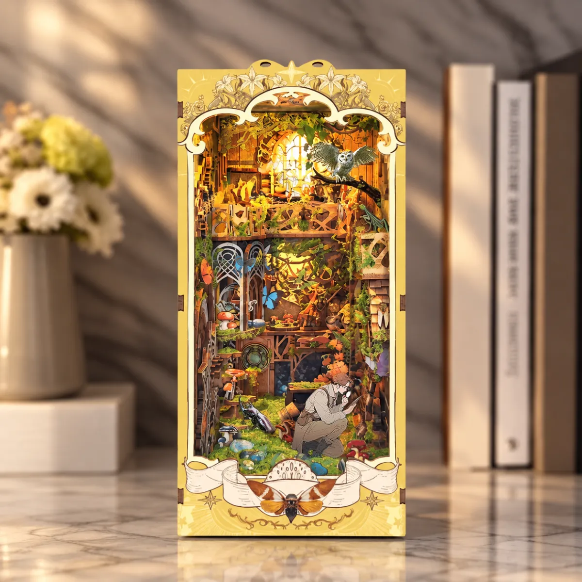 Insect Story DIY Book Nook Kit with lights on