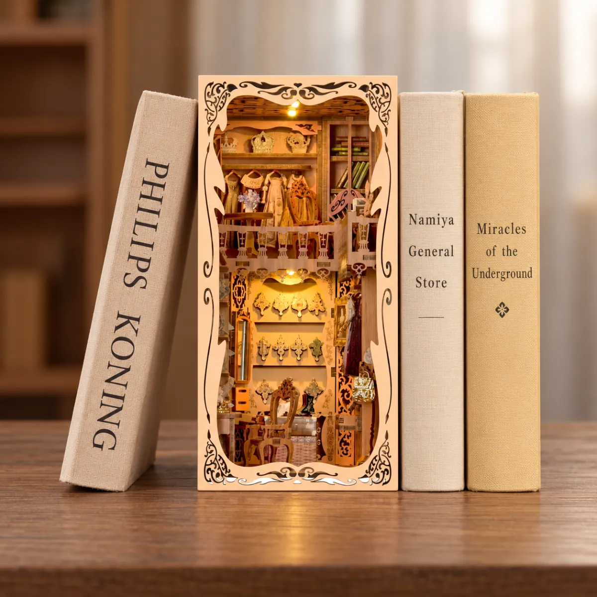 Wardrobe of Duchess DIY Book Nook Kit  with lights on