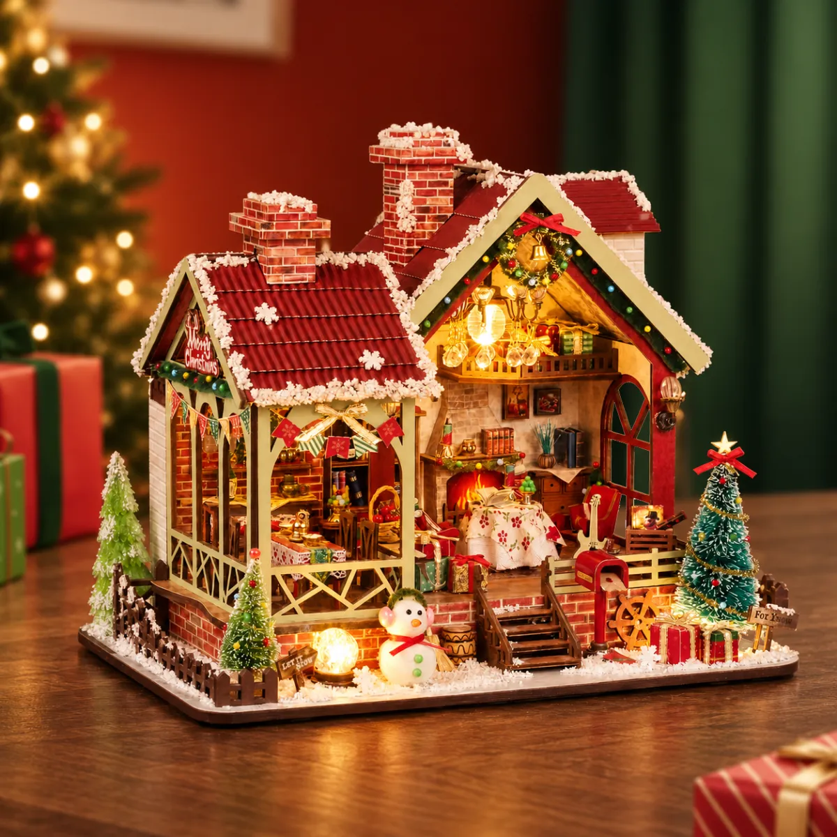 Warm Christmas Lodge Mini House Kit l DIY Miniature Kit with lights on
